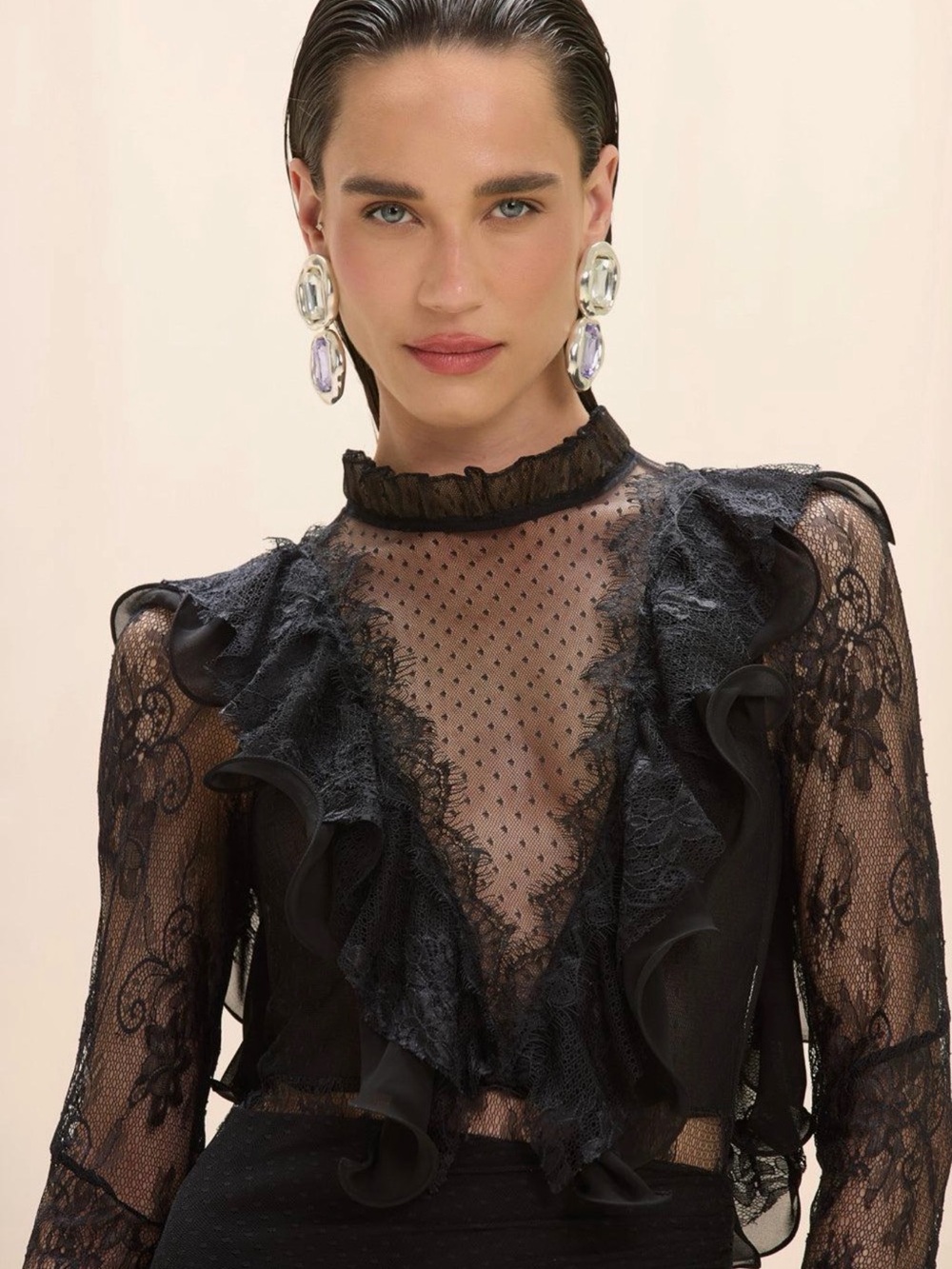 PatBO Black Sheer Lace Ruffle-Trimmed High-Neck Chemise